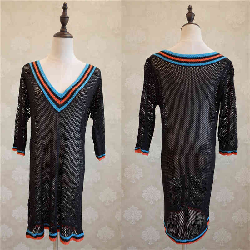V neck Crochet Beach Dress Cover up Sarong Kaftan Tunic Plage Bathing suit cover s Pareo Bikini #Q786 210420