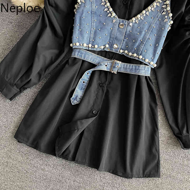 Neploe blouses women Loose Pleated Puff Sleeve Tops Korean fashion white tops beading Denim sling vest Two Piece Set Woman 4h617 210422