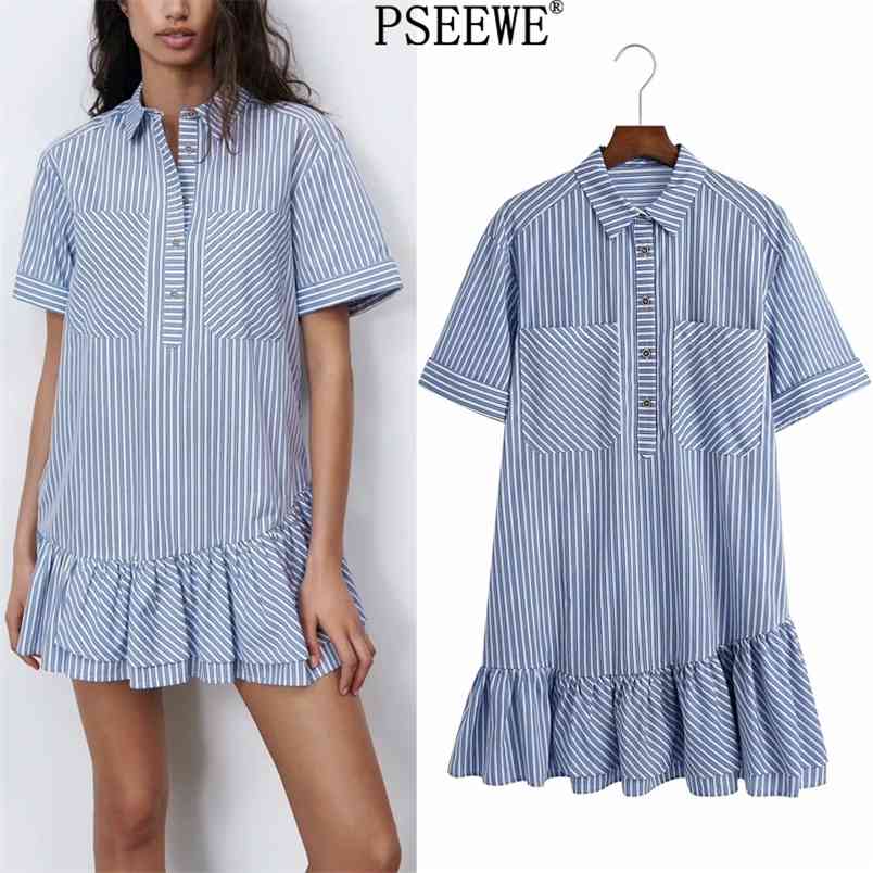 Woman Summer Dress Blue Striped Mini Women Ruffle Short Sleeve Casual es Chic Pockets es 210519
Woman Summer Dress Blue Striped Mini Women Ruffle Short Sleeve Casual es Chic Pockets es 210519