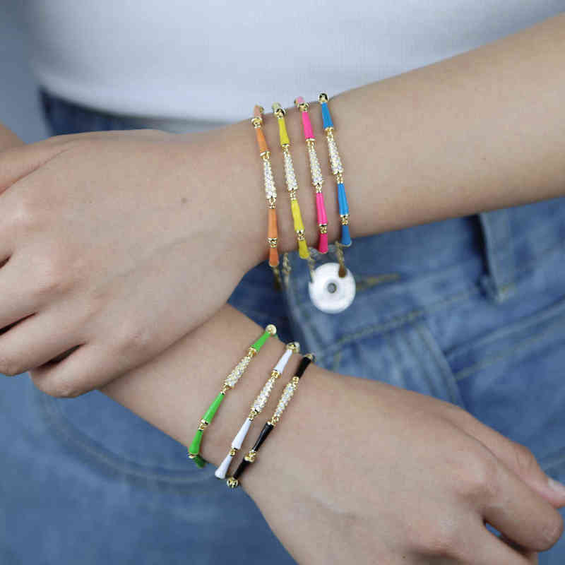 High Quality Gold Color Summer Winter Selling Rainbow Colorful Jewelry Neon Enamel Bullet Beaded Bracelet 220117