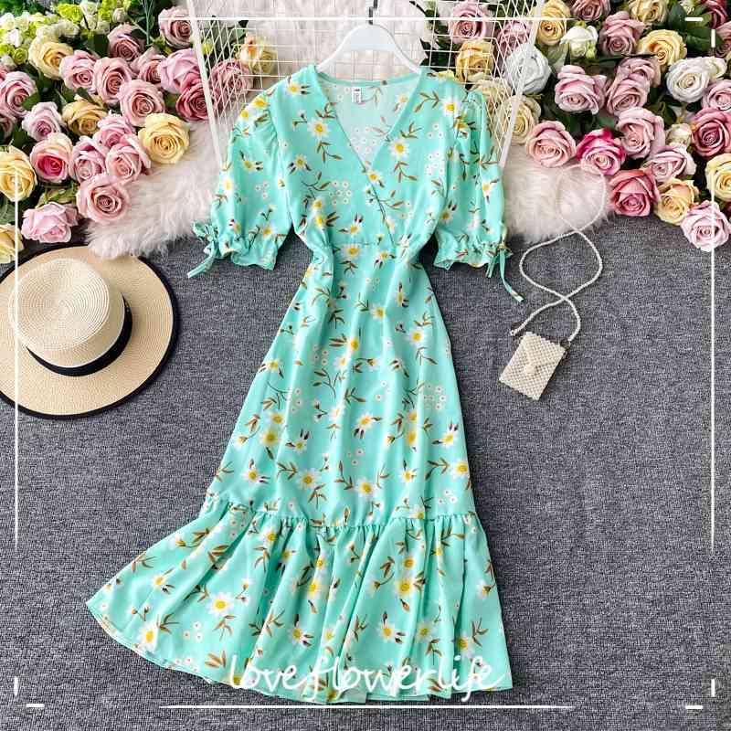 Summer Slim V Neck Short Sleeve Dress A Line Floral Print High Waist Mid-Calf Women Party Dress 210521