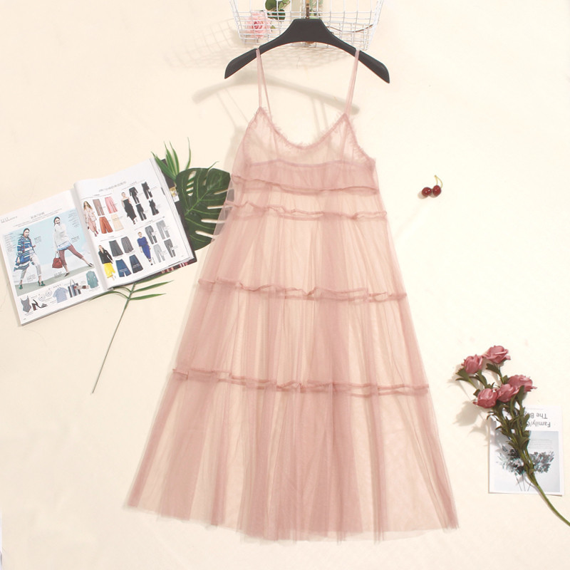Autumn Long Summer Dress Women Mesh Dress Sexy Lace Spaghetti Strap Dresses Ladies Maxi Gauze Dress Sundress Vestidos A1024 210409