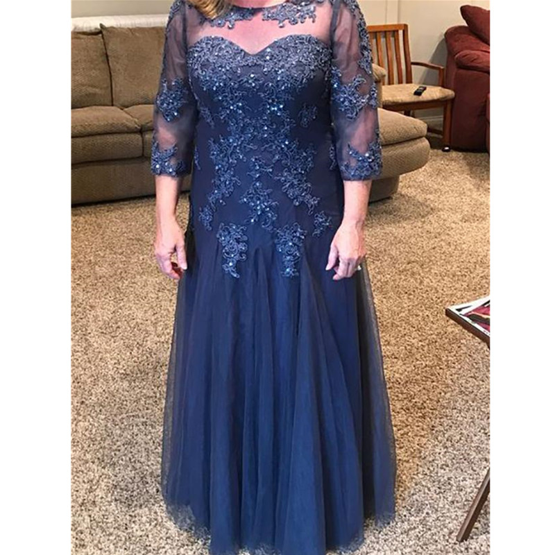 Blue Mother Of The Bride Dresses A-line 3/4 Sleeves Tulle Appliques Beaded Plus Size Long Groom Mother Dress For Weddings