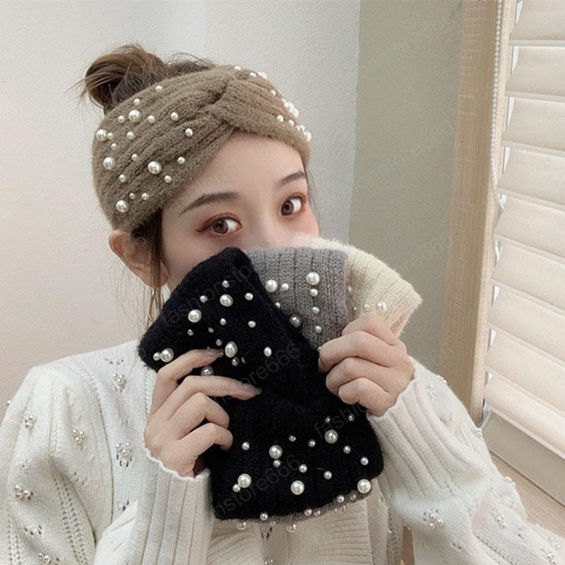Women Fashion Knitted Headband Elegant Temperament Pearl Wide-brimmed Hair Bands Autumn Winter Warm Headwear Hair Accessories