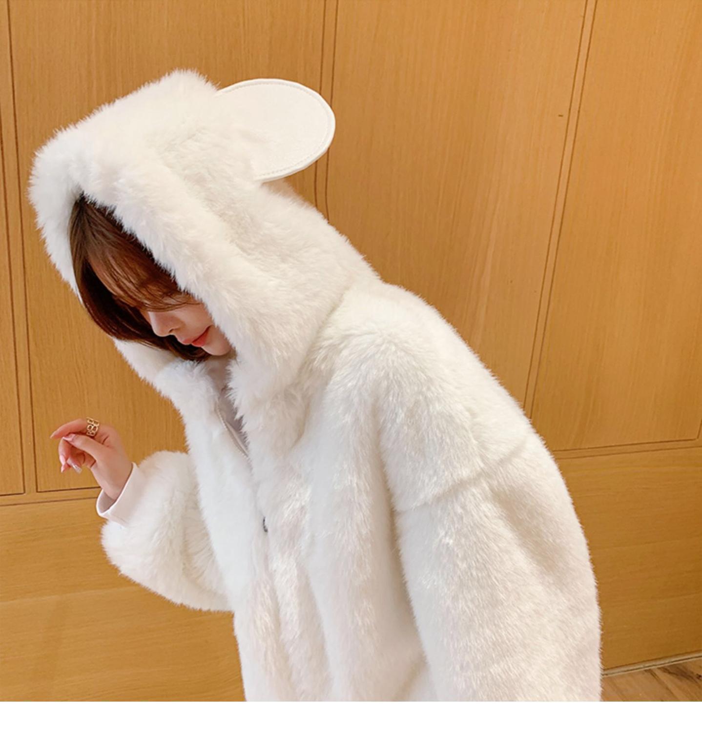 Oversize Winter Stay Warm Cat ears Hooded Large size Faux Fur Coat Casual Long sleeve Women Jacket Outwear 210429