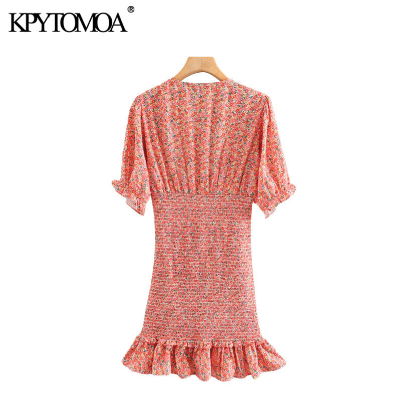 Women Chic Fashion Floral Print Elastic Smocked Mini Sheath Dress V Neck Ruffled Female Dresses Vestidos 210420