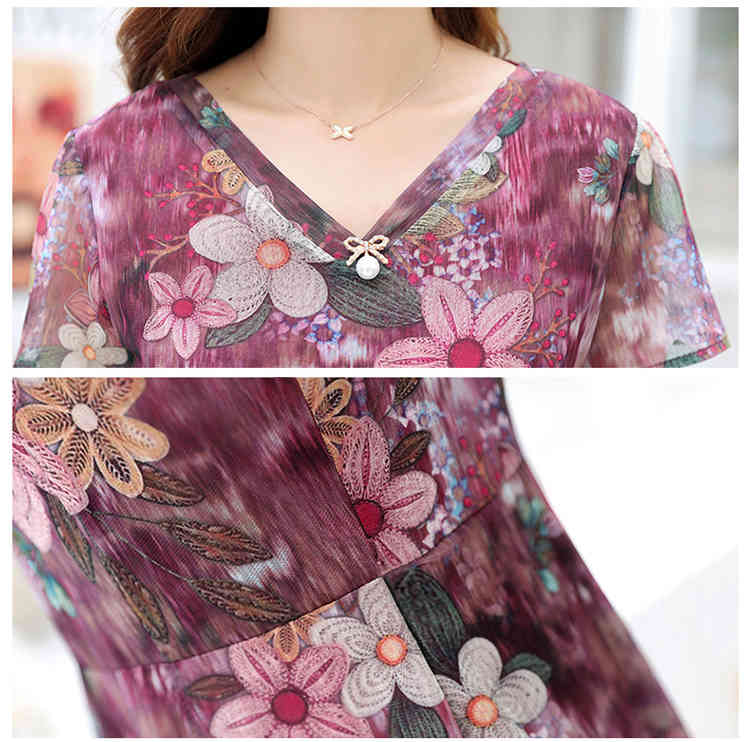 Middle-aged V Neck Women Dress Summer Chiffon Mid-Length Short-Sleeved Plus Size Printed elegant dress 821G 210420