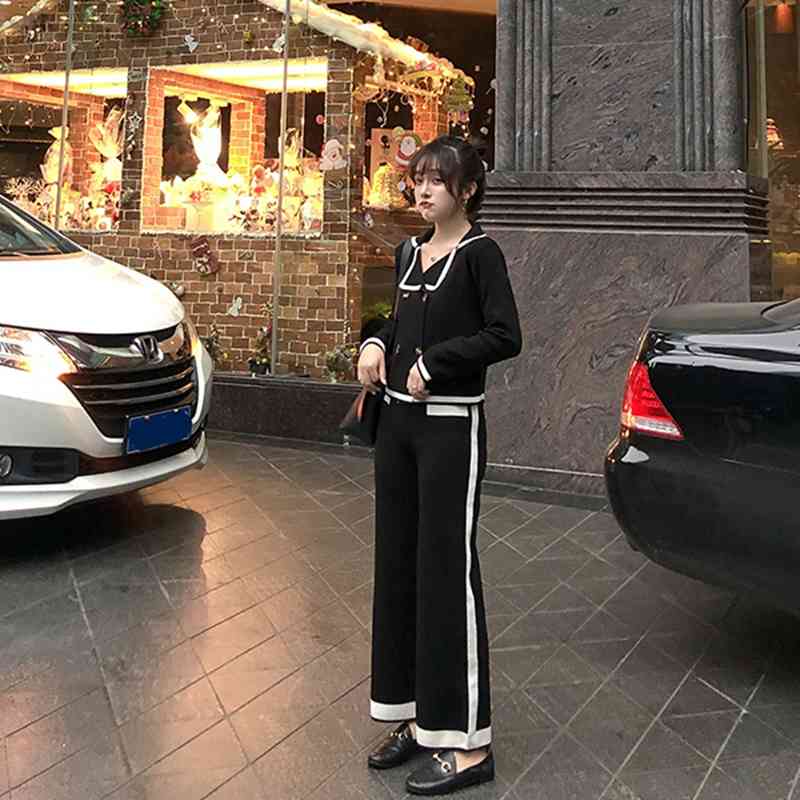 Women Aautumn Knitted Turn Down Collar Short Sleeve Double-breasted Cardigan Tops + Wide Leg Pants 2 Pieces Clothing Set Suits 210515