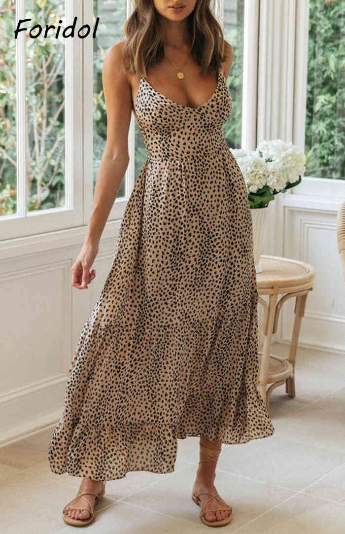Foridol Elegant Backless Lace Up Summer Dress Women Clothing Sleeveless Leopard Maxi Boho Beach Dress Lady Long Vestido Feminino 210415