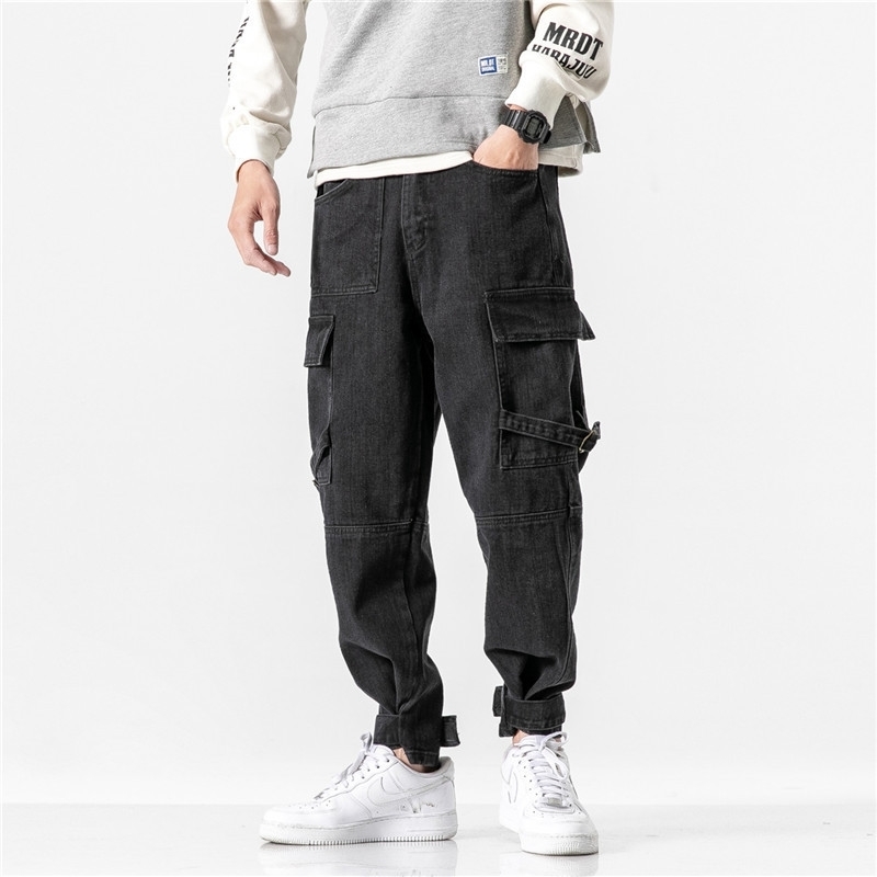 IEFB men's wear spring fahion balck jeans male causal cargo pants zipper big pockets loose Trousers with Ribbon 9Y847 210524