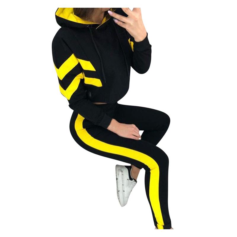 Autumn Winte Ladies Fashion Hooded Long Sleeve Color Block Hoodies+Sweatpants 2 Piece Sportswear Casual Suit Women's Tracksuits