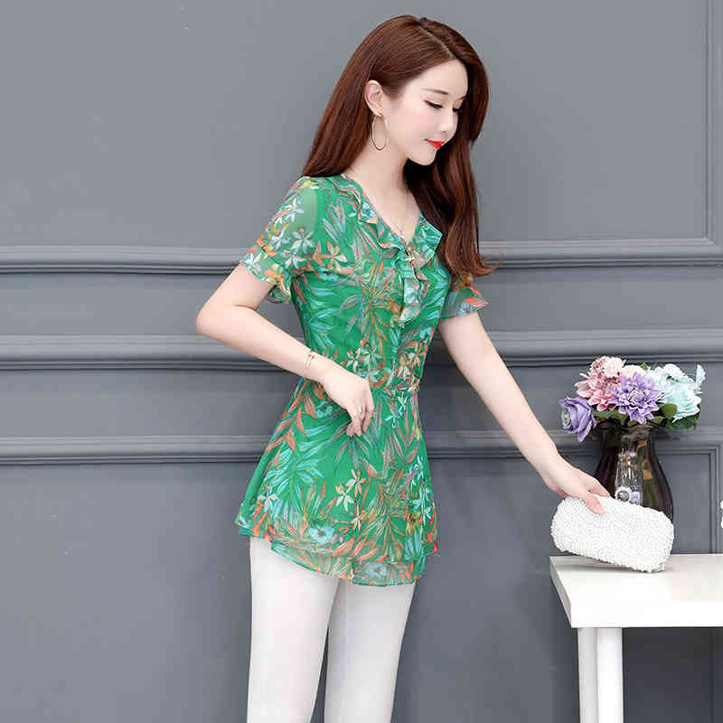 Blusas Feminina Chiffon Middle-aged Women Vetement Femme Shirt Shorts Sleeve Plus Size Print Blouse 928i 210420