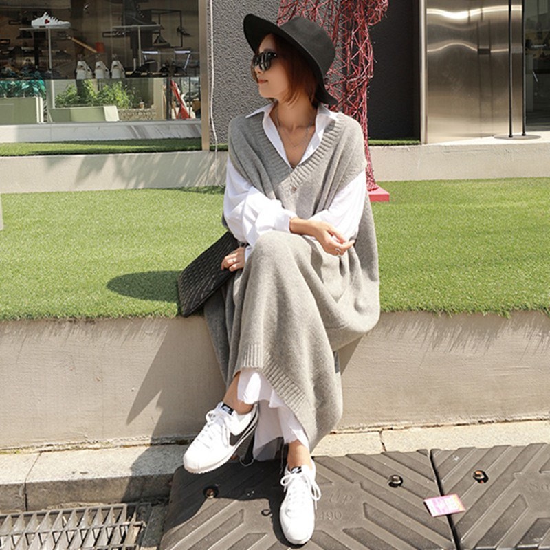 Warm Gray Sweater Dresses Women Oversize Sleeveless Casual Loose Knitted Dress Ladies Office Work Wear Long Dress Robe Longue 210331