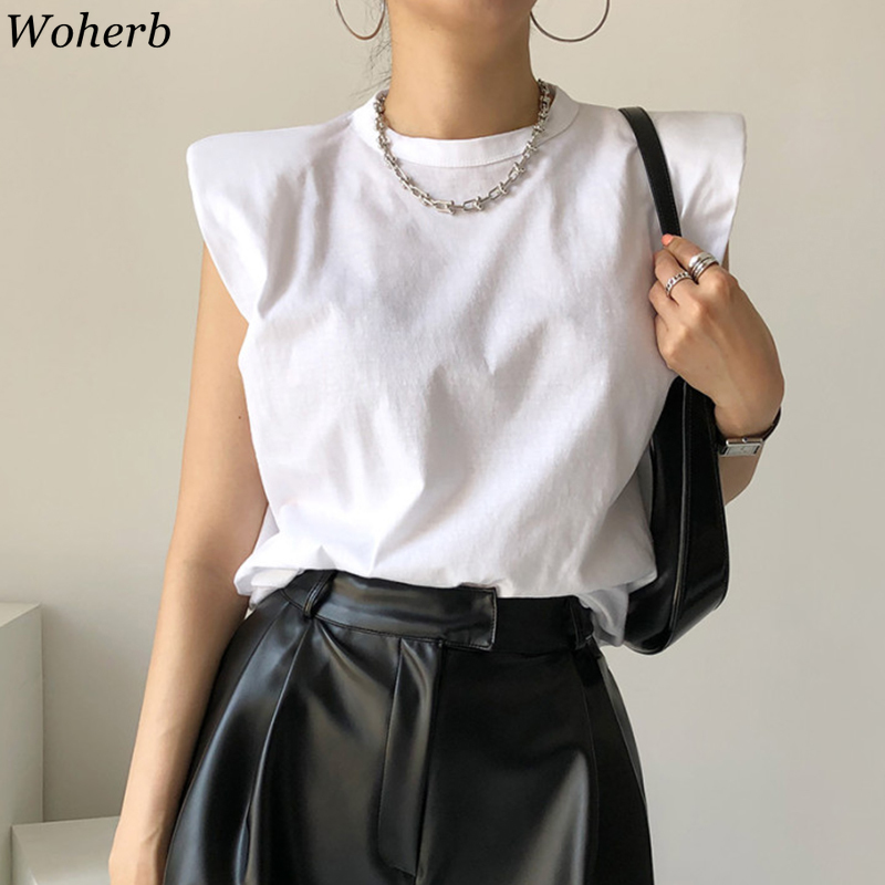 Women T Shirt Summer Korean Chic Shoulder Pads Flying Sleeve Tees Female Vintage Loose Black O Neck Slim Fit Tops 210519
