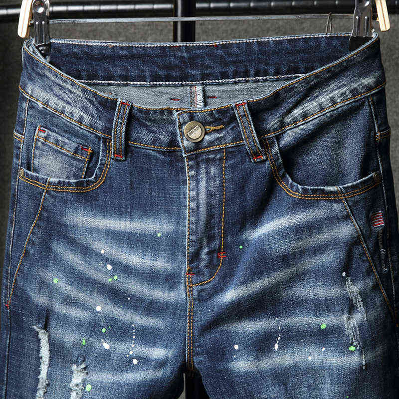 Men Hip Hop Ripped distressed Stretch Slim Fit Jeans Trousers streetwear man holes Ink printed Casual beggar Denim pants 211111