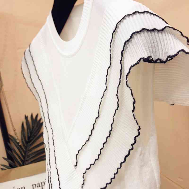 Three-layer ruffles chiffon patchwork ice silk knitted sweater women Korean o-neck thin pullover black white tops summer 210810wtt
