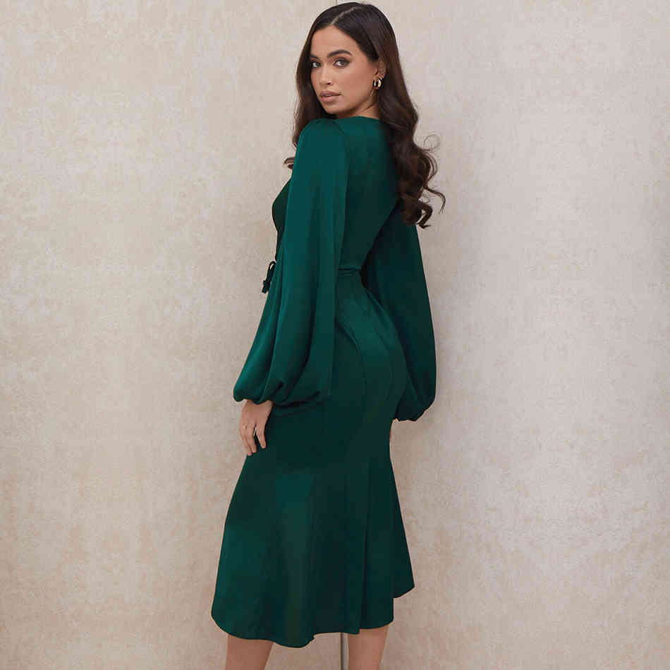 Green Summer Dress For Women Sexy Long Sleeve V Neck Lace Up Fashion Midi Celebrity Evening Party Club Lady 210423