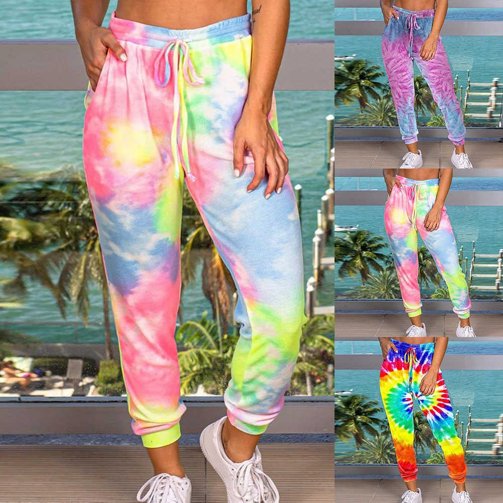 Women Pants Tie Dyeing Print Chic Wide Leg Summer Casual Beach Party Wear Boho High Waist Femme Pantalons 210604