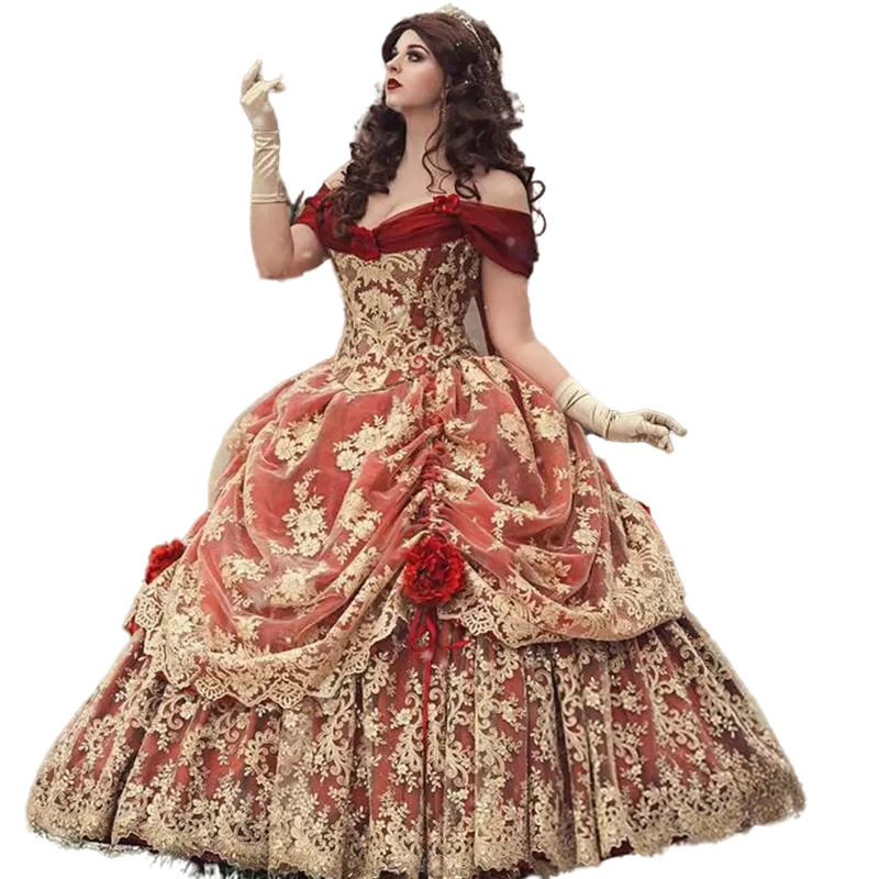 Gothic Prom Quinceanera Dresses Vintage Red And Gold Lace Tiered Sweet 16 Dress Medieval Ball Gown Victorian Halloween Medival Renaissance 15 Brithday