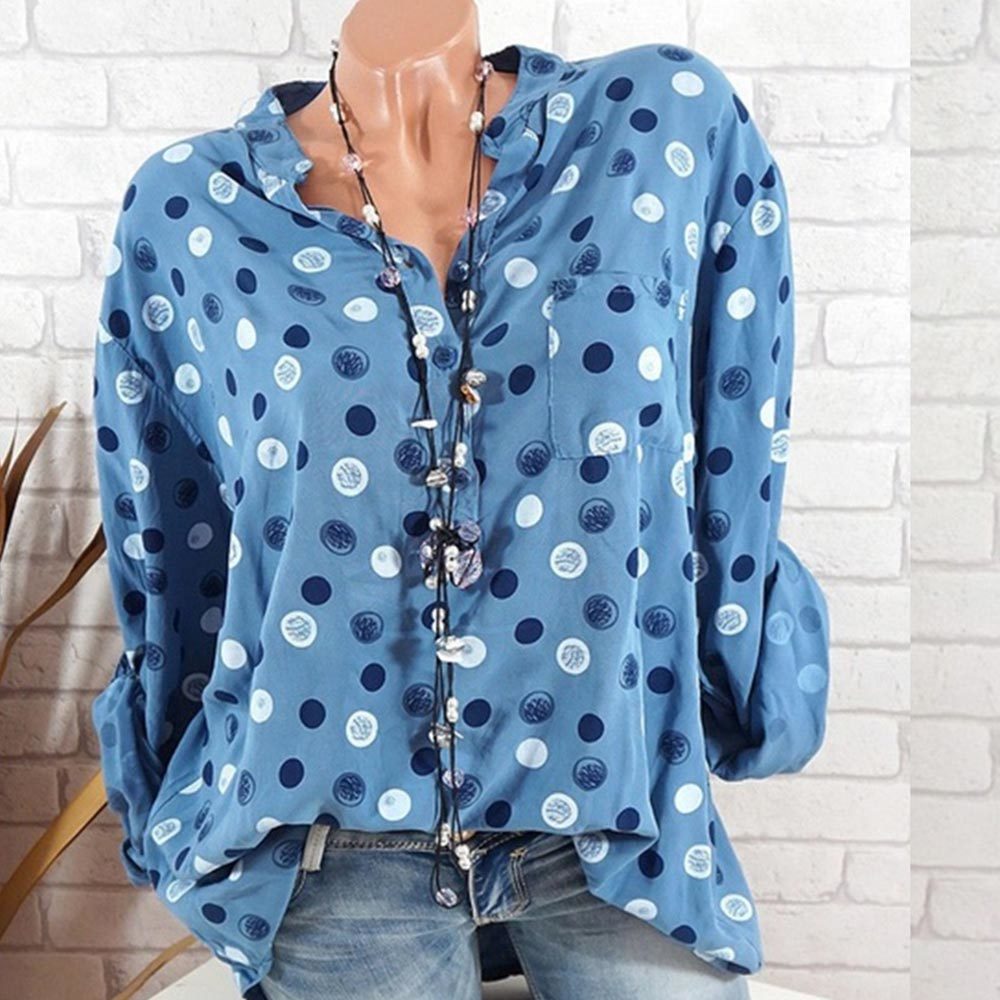 Fahsion Women's Blouses Summer Tops White Loose Dot Print V Neck Full Sleeve Shirts Casual Tunic Plus Size 5XL 210428