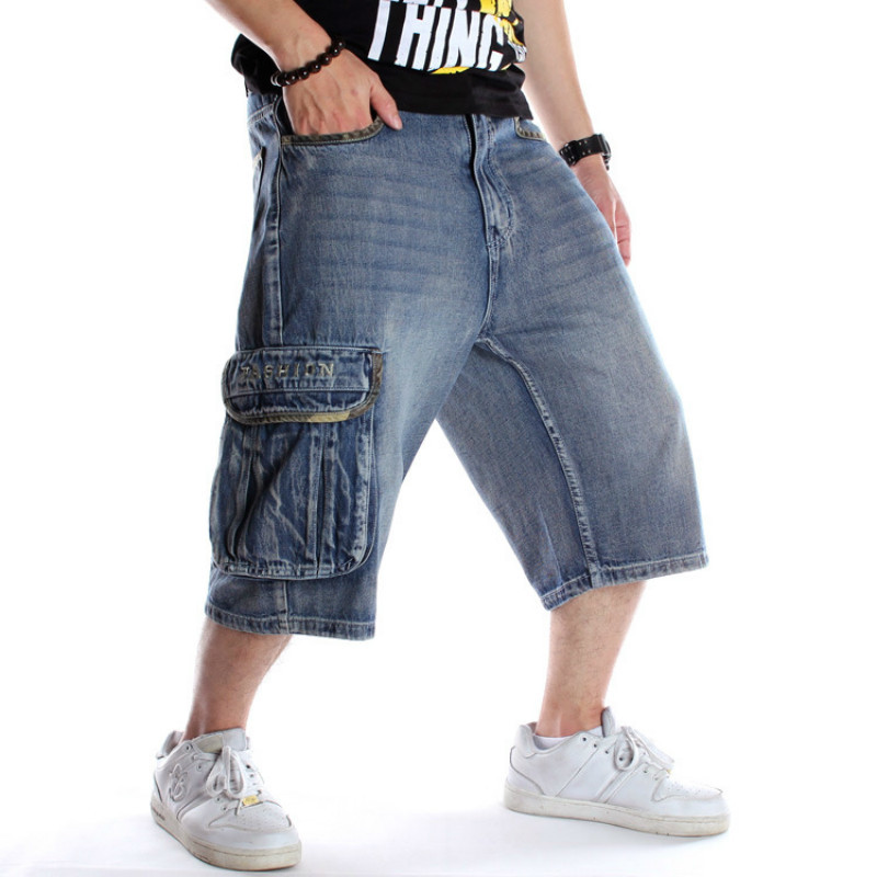 Mens Plus Size Loose Baggy Denim Short Men Jeans Fashion Streetwear Hip Hop Long 3/4 Cargo Shorts Pocket Bermuda Male Blue 210518