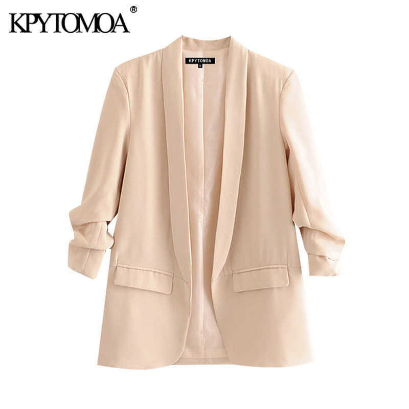 KPYTOMOA Women Fashion Office Wear Basic Blazers Coat Vintage Pleated Long Sleeve Pockets Female Outerwear Chic Tops 210930