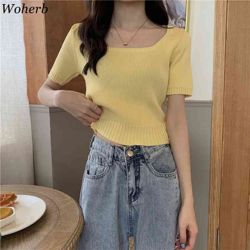 Casual Women Tops Knitted Square Collar Thin Sweater Summer Short Sleeve Girl Solid Candy Color Knitwear T Shirts 210519