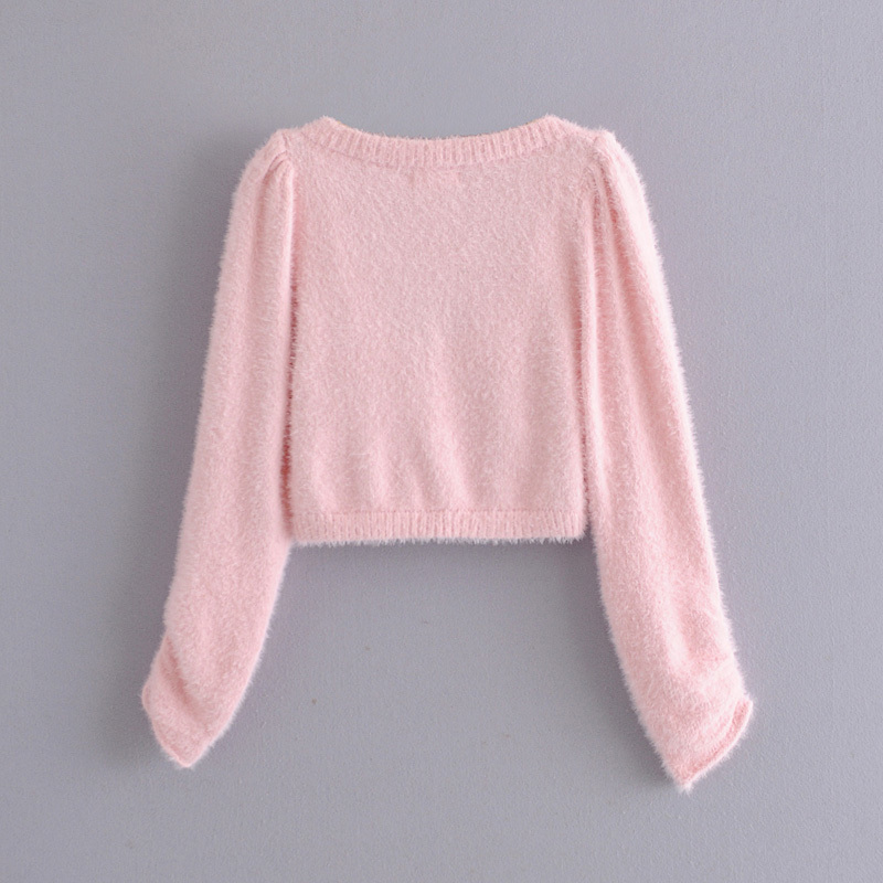 women button pink cardigan fashion ladies v-neck puff sleeve single breasted solid short sweater cute girls preppy style 210521