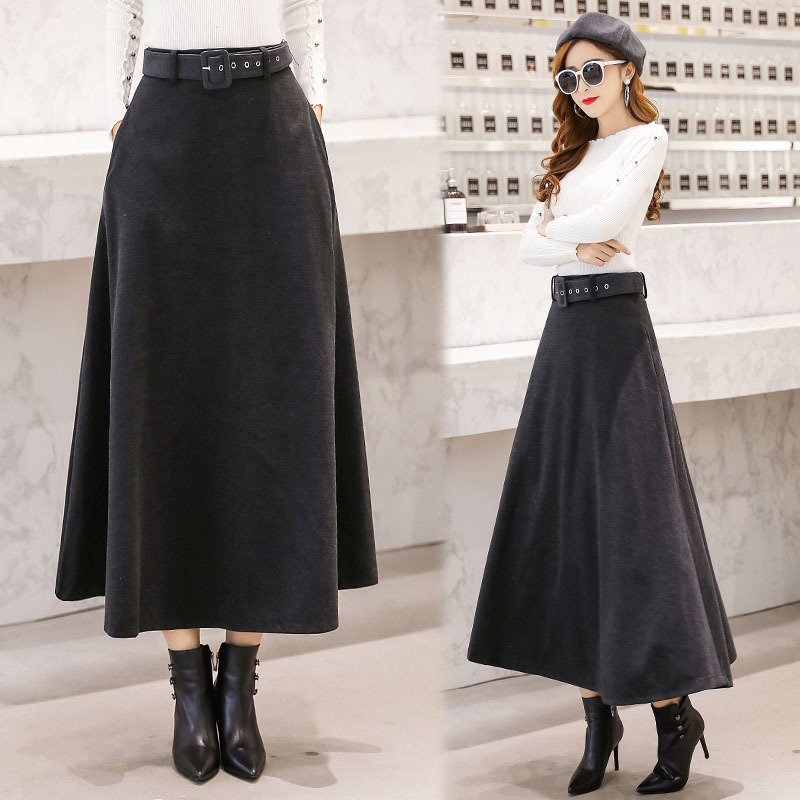 Winter Women's Wool Maxi Skirts With Belt Fashion Vintage Woolen Skirt Female Streetwear Casual Saia Longa Wine Red 610D 210420