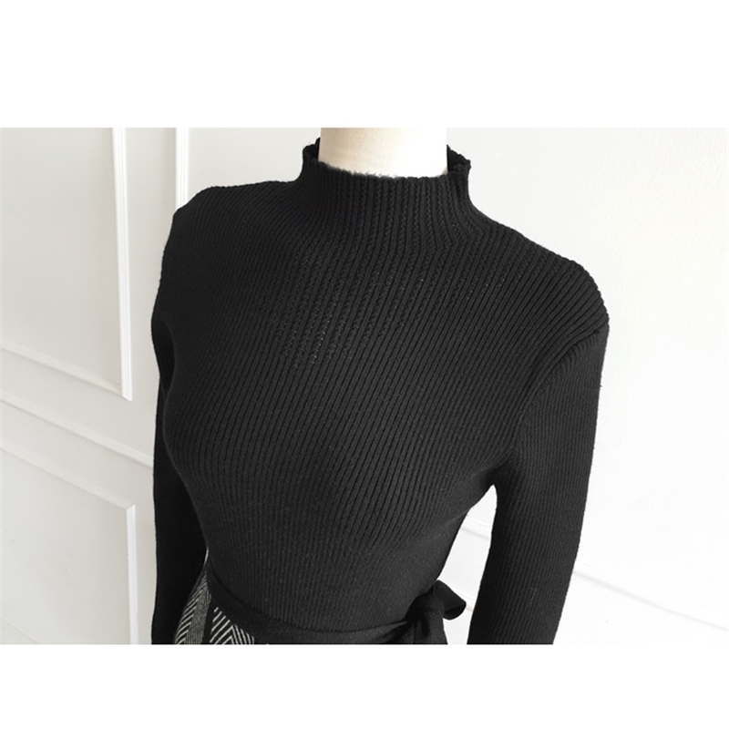 Autumn Winter Women Vintage Turtleneck Full Sleeve Geometry Patchwork Knitted Sweater Dress Chic Big Swing Vestidos 210520