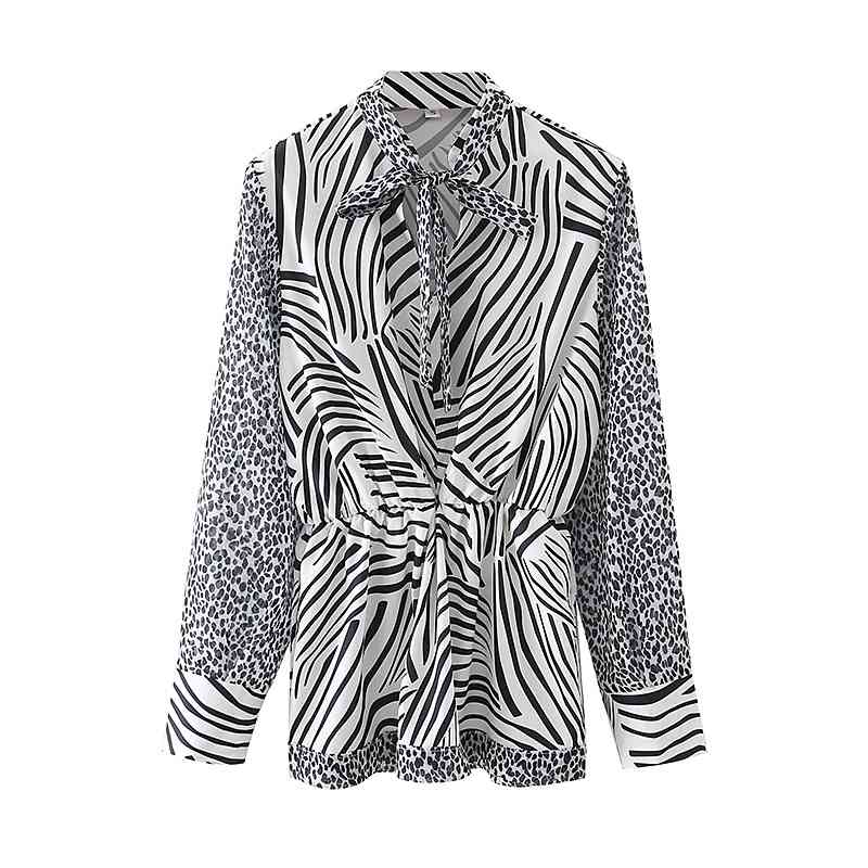 Elegant Women Leopard Patchwork Shirts Fashion Ladies Bow Collar Tops Streetwear Female Chic Zebra-Stripe Blouses 210430