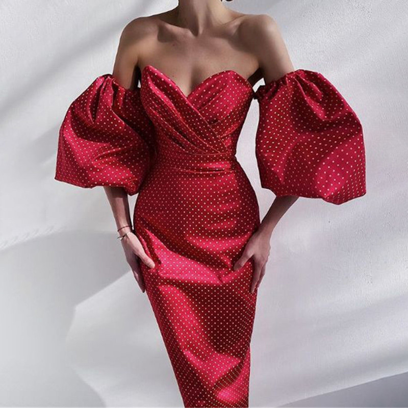 Solid Flower Print Off Shoulder Ruched Bodycon Women's Midi Dress Sexy Slim Long Puff Sleeve Elegant Dresses For New Year 210329