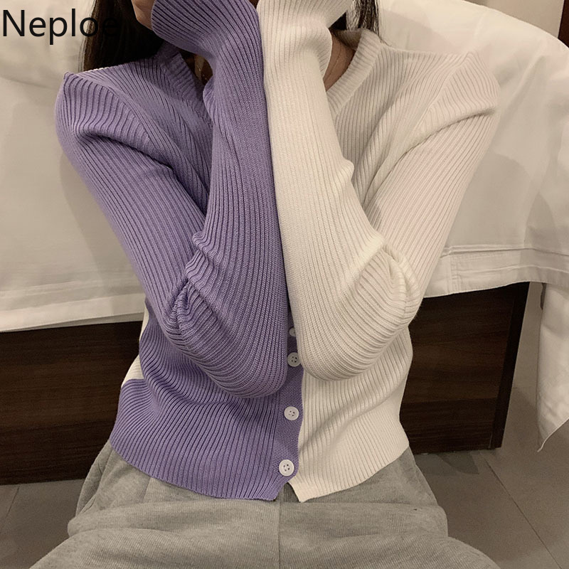 Neploe Contrast Color Sweaters for Women Knitted Cropped Cardigan O-neck Long Sleeve Slim Sueter Coat Korean Chic Tops 210422