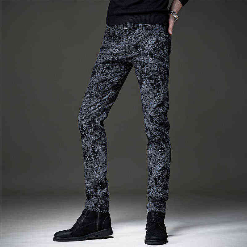 European summer jeans men's slim feet personality graffiti printing black casual long pants men trouser 211111