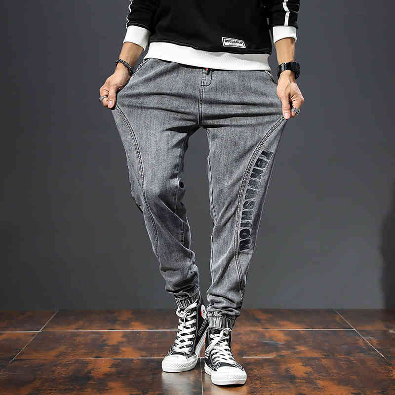 Men's Fashion Pants Elastic Band Overweight Large Size Jeans Cowboy Trousers Male Fashionable Patchwork Streetwear Plus Size Man 210518