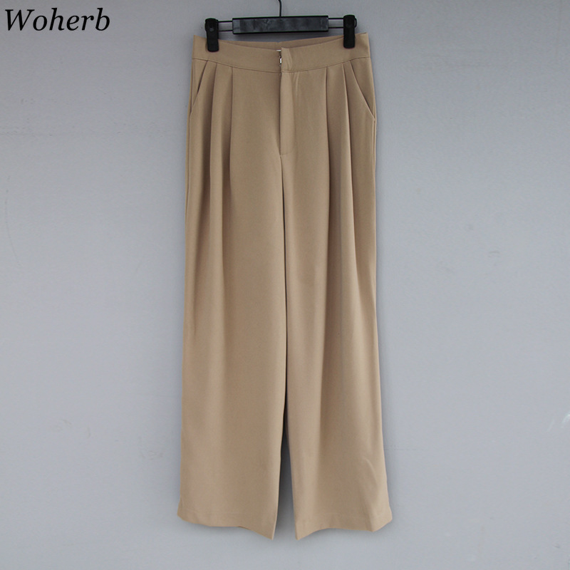 High Waist Wide Leg Pants Women Solid Vintage Trousers Streetwear Female Pockets Office Lady Pantalon Femme 25733 210519
