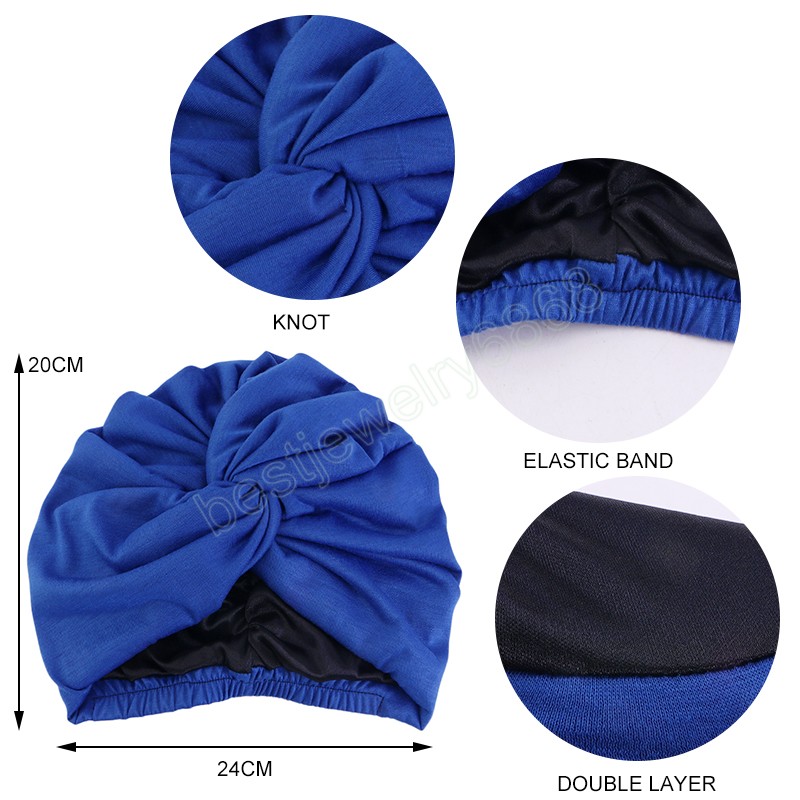 Women Satin Linning Turban Twist Head Wrap Soild Color Hat Headband Turban Muslim Cap Headscarf Inner Hijab India Hats
