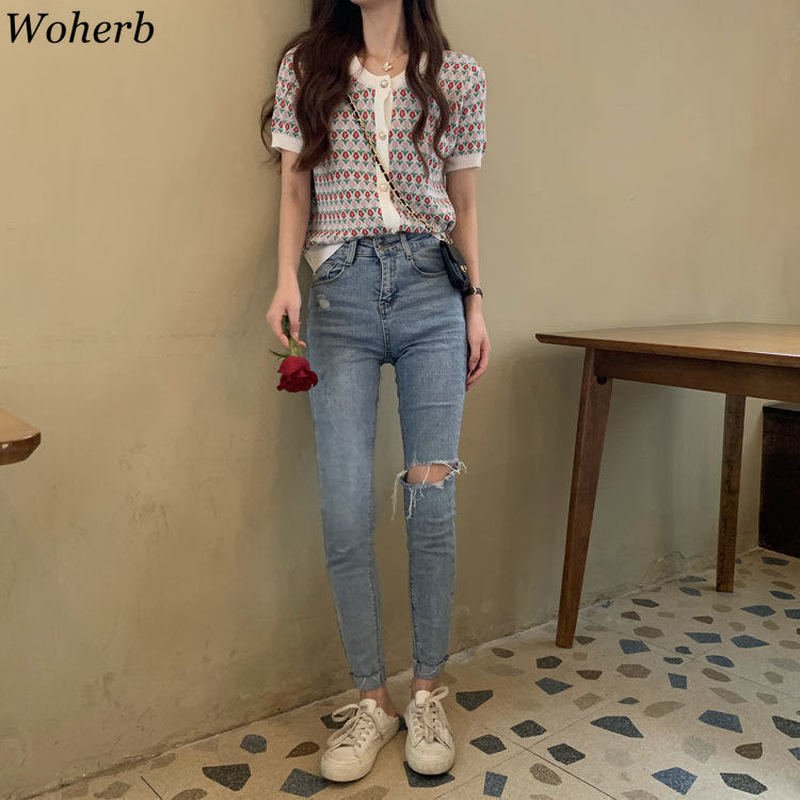 Short Sleeve Crop Top Heavy Jacquard Ice Silk Knitted Cardigan Summer Single Breasted Thin Tops Fashion Clothing 210519