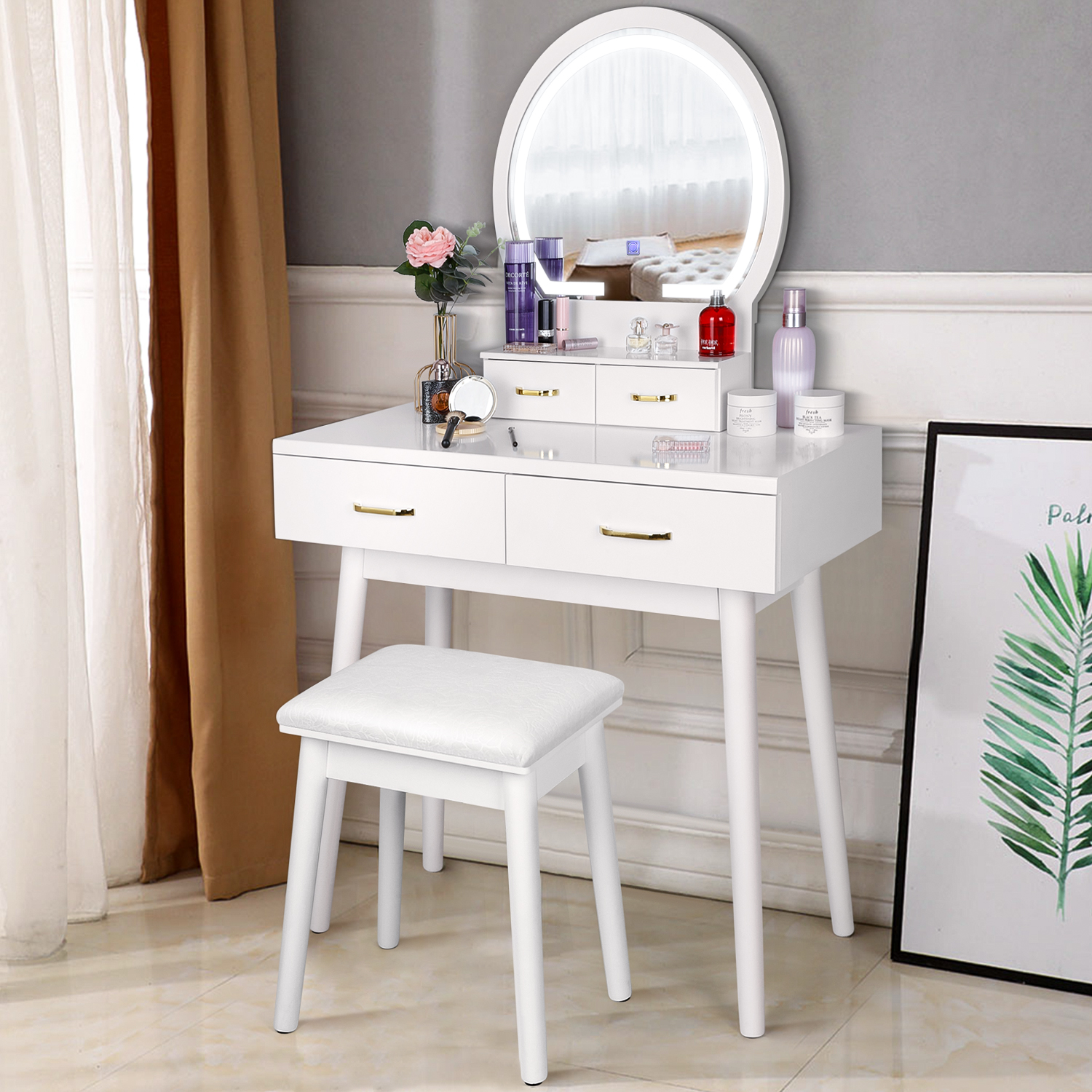 Amzdeal Vanity Desk with Lighted Mirror, Makeup Dressing Table 3 Color Lighting Modes Adjustable Brightness, 4 Drawers Cushioned Stool for Bedroom - White
Amzdeal Vanity Desk with Lighted Mirror, Makeup Dressing Table 3 Color Lighting Modes Adjustable Brightness, 4 Drawers Cushioned Stool for Bedroom - White