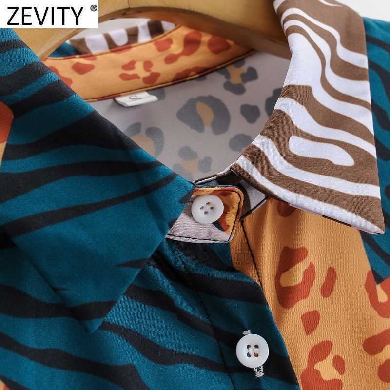 Zevity Women Vintage Leopard Patchwork Print Sashes Shirt Dress Office Ladies Long Sleeve Business Chic Split Vestido DS4681 210603