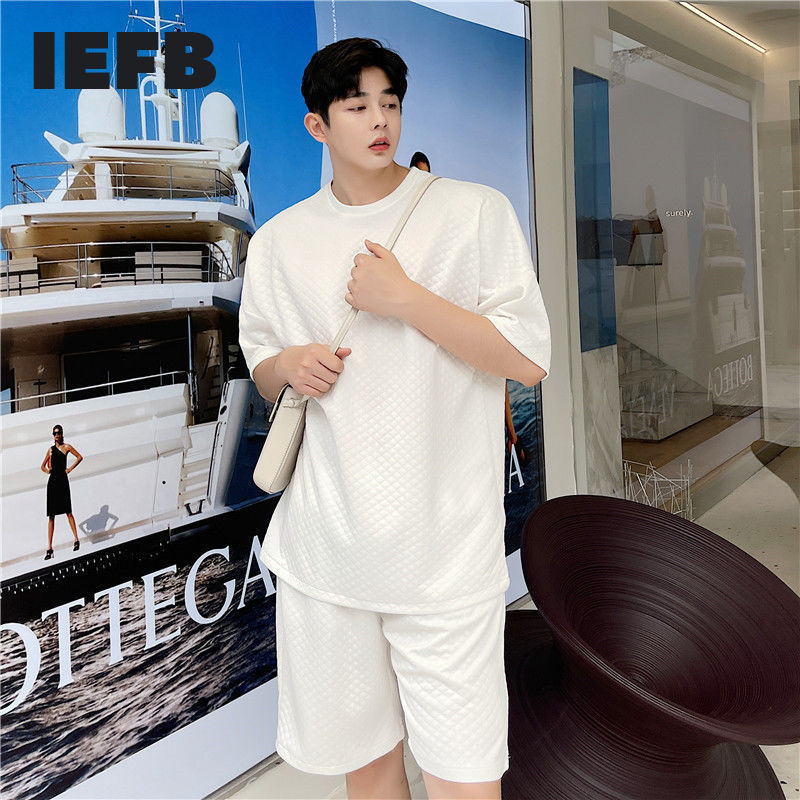 IEFB Summer Trend Personalized Three-dimensional Embossed Lattice White Short Sleeve T-shirt + Shorts Men's Set 9Y7742 210524