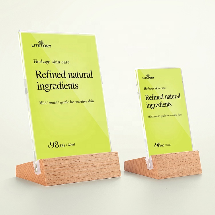 Wood Base Sign Holder L-shaped Slant Back Acrylic Material Restaurant Hotel A4 A5 A6