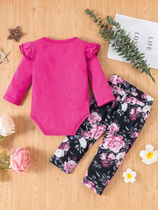 Baby Ruffle Trim Bodysuit & Floral Print Pants SHE