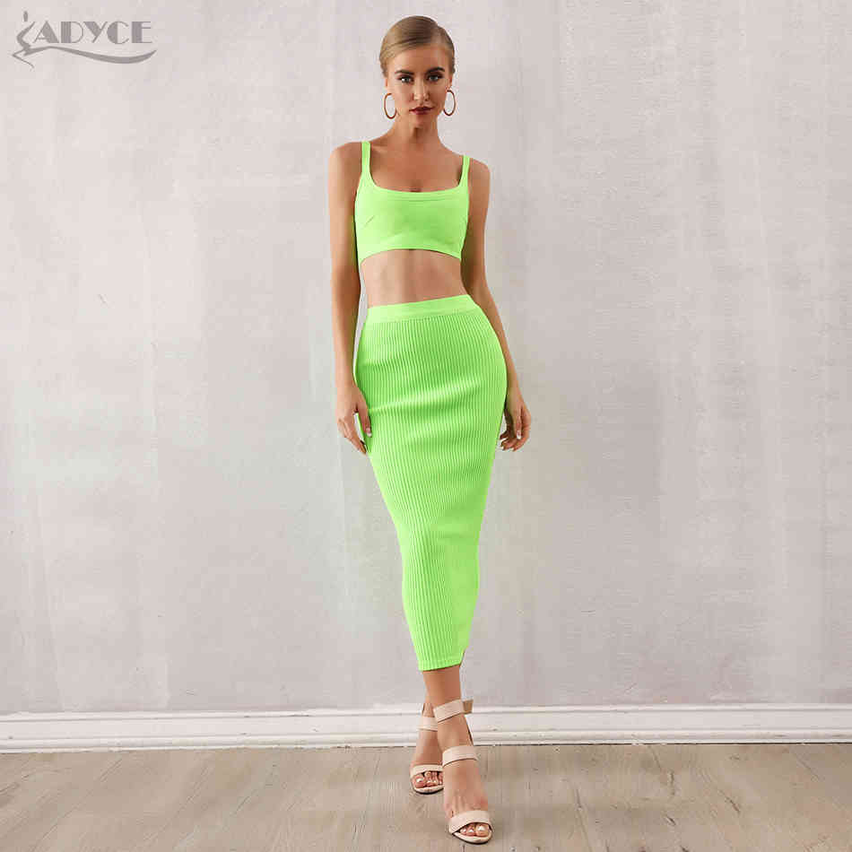 Summer Women Bodycon Bandage Sets 2 Two pieces Set Top Green Strapless Sleeveless Celebrity Evening Party Dresses 210423