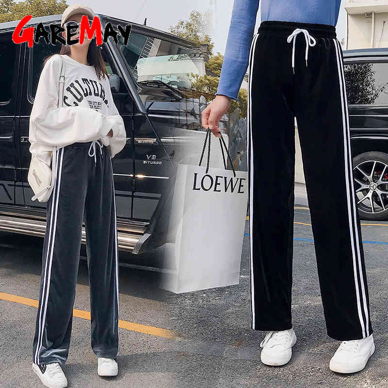 Gold Velvet Wide Leg Pants Women's High Waist Straight Floor Length Pant Loose Casual Sports Trousers Large Women Wear 210428