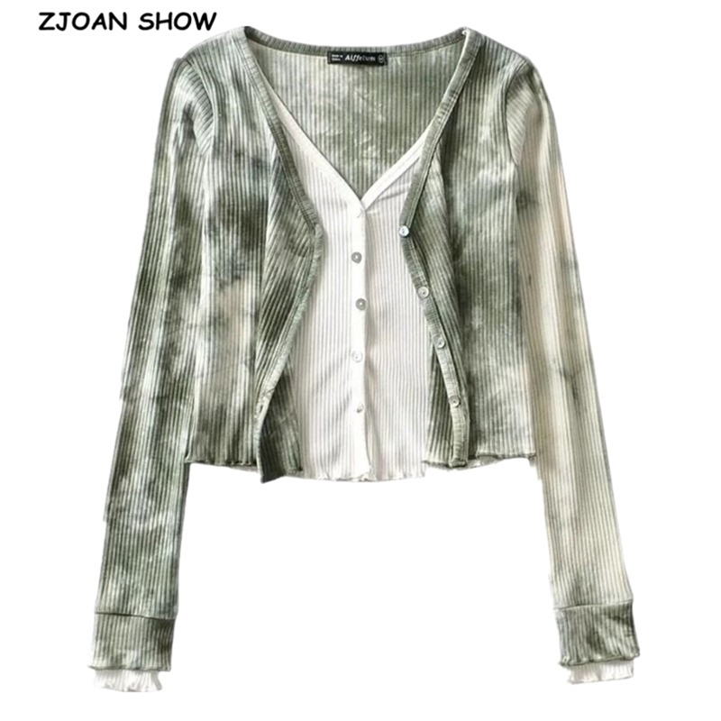 Women Knitted False 2pcs Tie dye Cropped Cardigan Sweater Vintage V neck Exposed navel Short Knitwear Long sleeve Jumper Tops 210429
