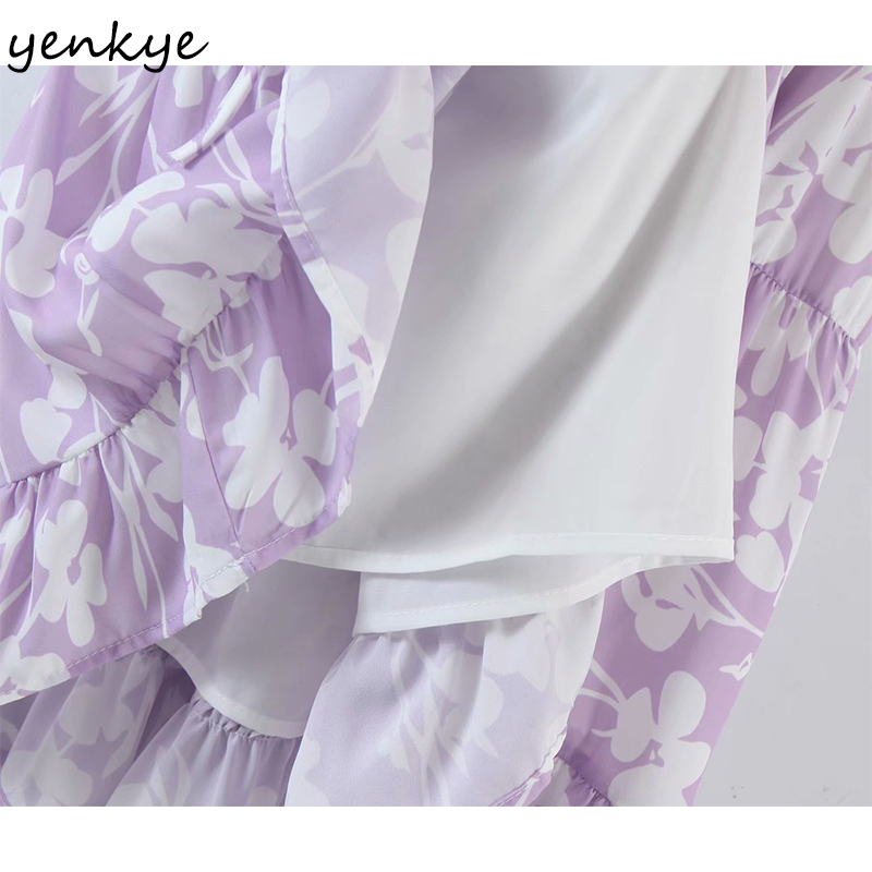 YENKYE Holiday Summer Dress Women Sexy Collar Puff Sleeve Drawstring Lace Up Robe Femme Floral Print Short Vestido Casual 210515