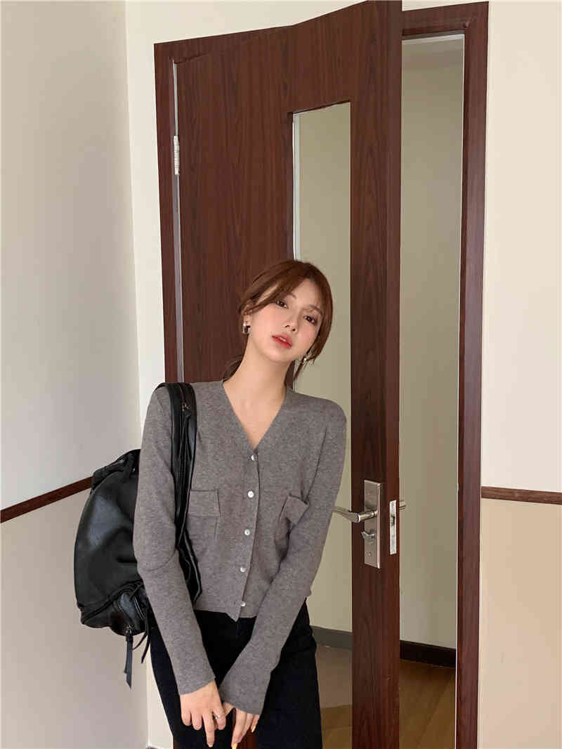 3 colors autumn korean style street Women v neck Cardigan Sweater coat Female Outwear long sleeve Knitted tops (R99443 210423