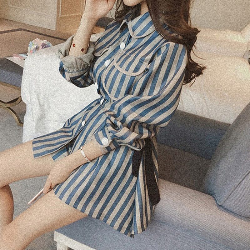 2 Piece Set Vintage Women Elegant Striped Drawstring Waist Long Sleeve Blouse Tops + High Shorts Casual Fashion Suit 210519