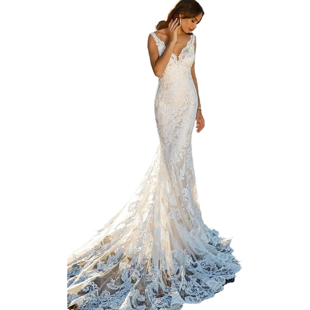2021 Sexy Boho Lace Mermaid Wedding Dresses Straps Backless Long Train Bridal Gowns V Neck Beach Bride Dress Robe de mariage